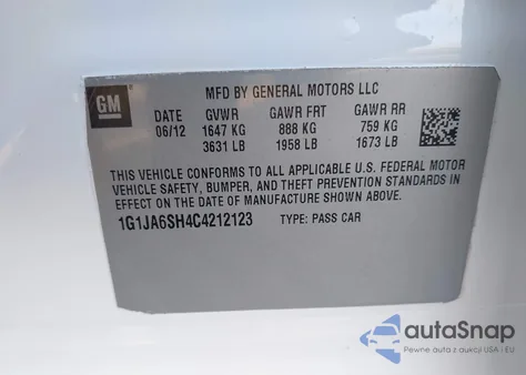 2012 Chevrolet Sonic 2Ls from USA, damaged, VIN 1G1JA6SH4C4212123